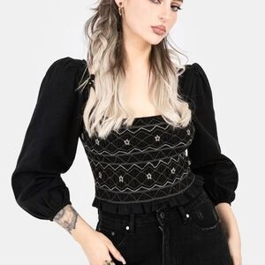 Disturbia Larissa Hand Embroidered Smocked Puff Sleeve Top